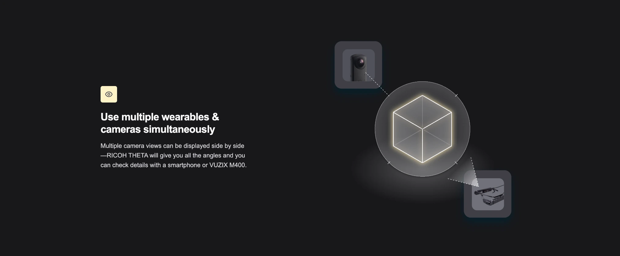 Section of RICOH Remote Field landing page illustrating the capability to use multiple wearables and cameras simultaneously. Shows icons representing RICOH THETA camera and VUZIX M400 smart glasses connected to a central hexagon symbol.